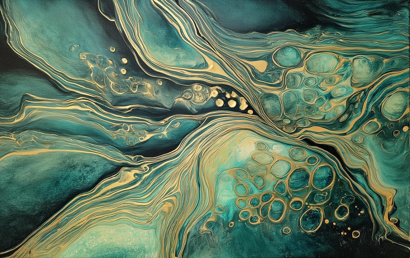 A mesmerizing flow of green hues with golden accents creates a stunning cellular pattern. The swirling layers and oceanic tones evoke a sense of depth and tranquility