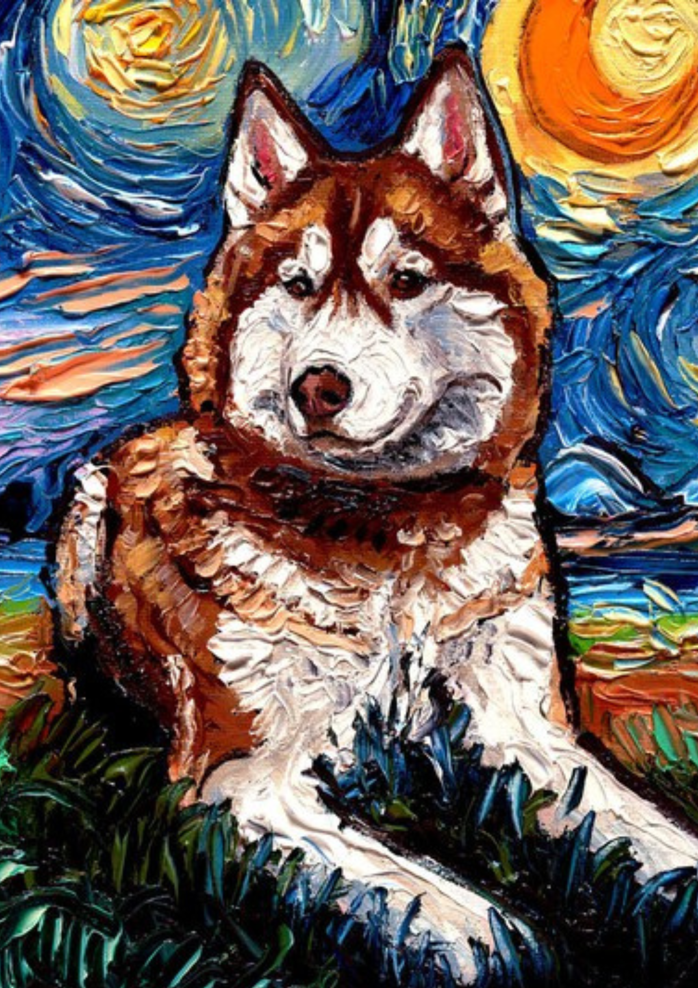 Red and White Siberian Husky Art Starry Night by Aja animal home