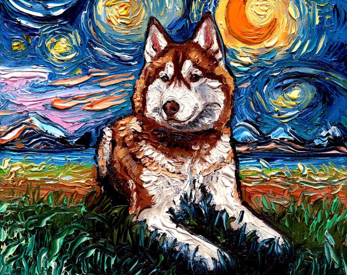 Red and White Siberian Husky Art Starry Night by Aja animal home
